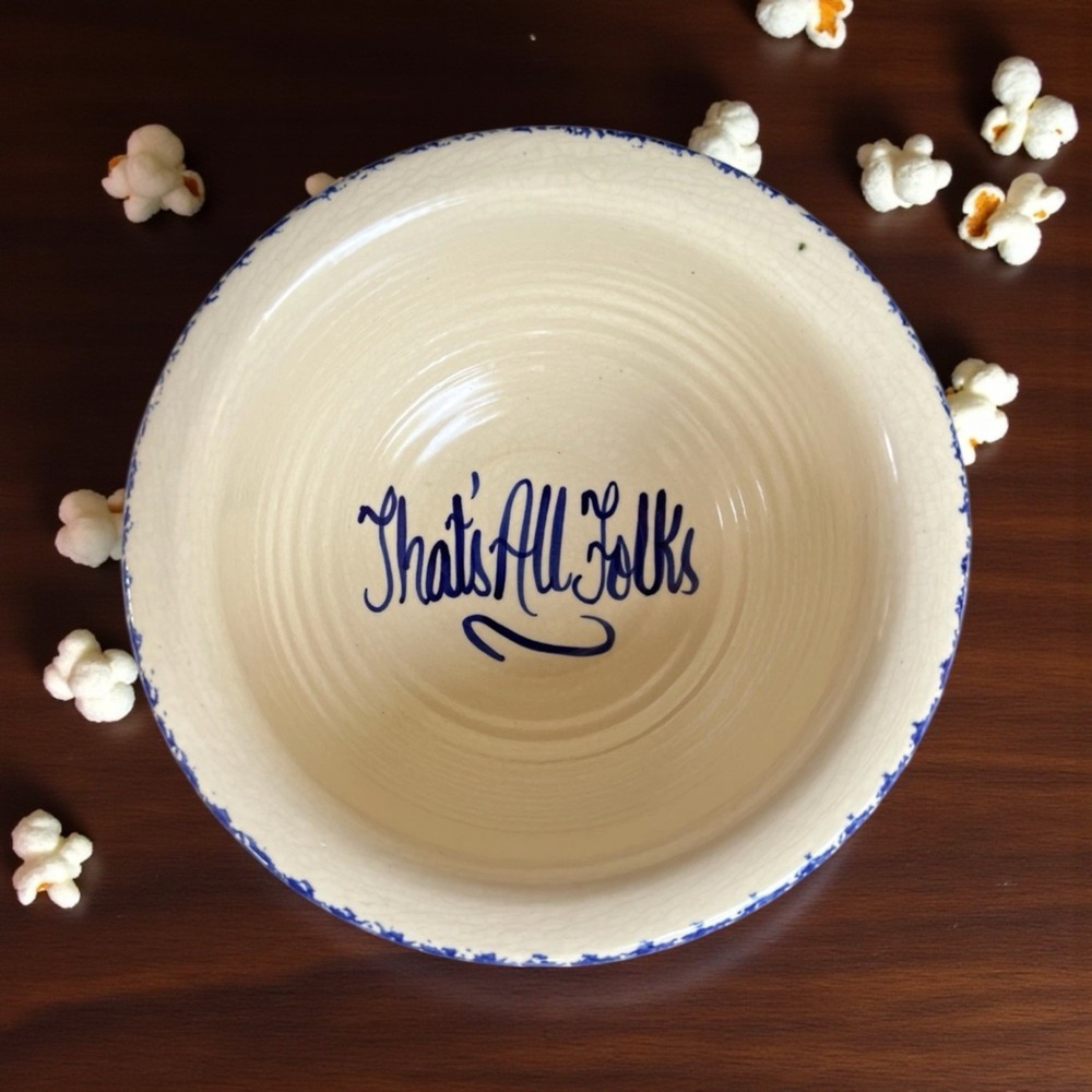 Sponge Ware Large Popcorn Bowl Blue Ivory THAT'S ALL Folks Handmade Pottery EUC